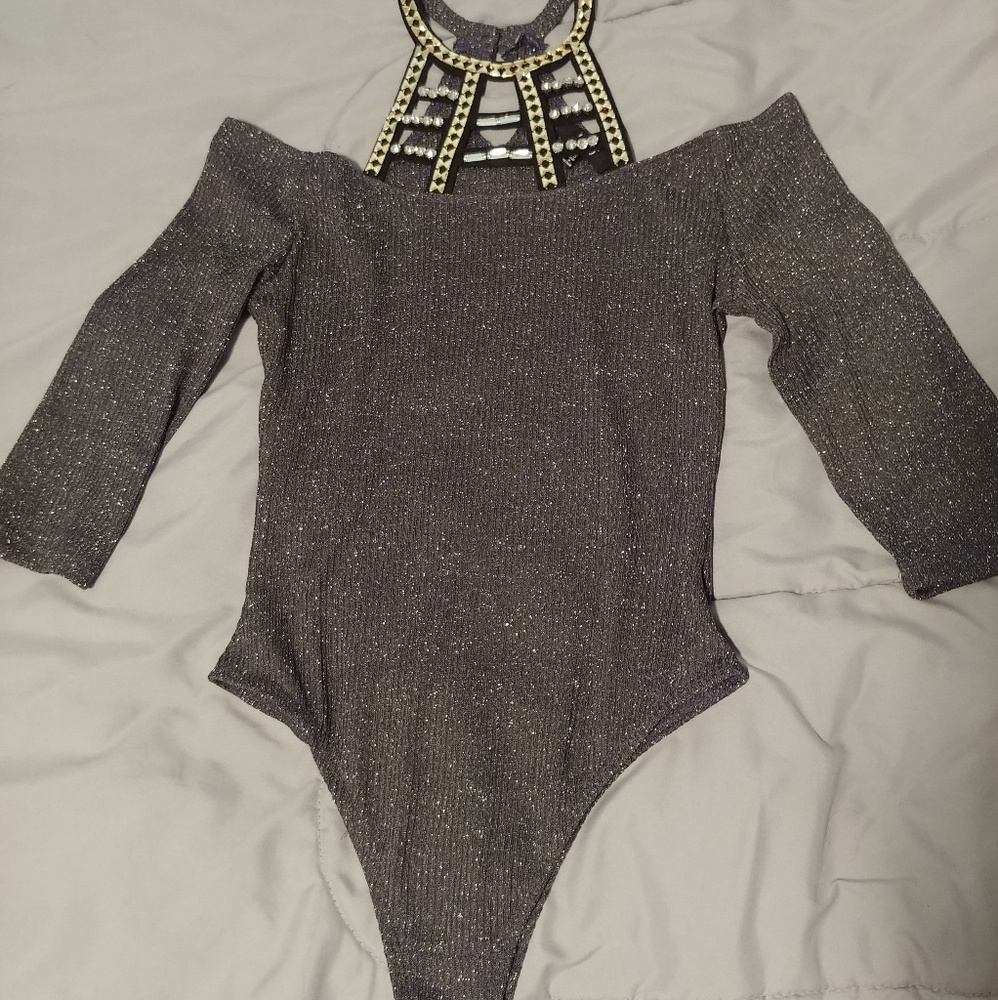 Bejeweled gray bodysuit